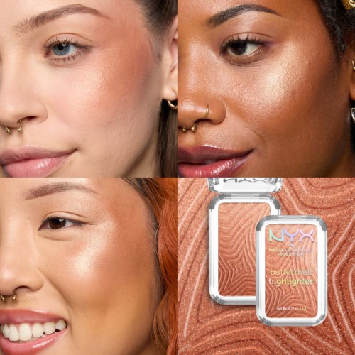Drei verschiedenfarbige Frauen mit strahlender Haut und Make-up, mit NYX-Highlighter-Verpackung vor ihnen.