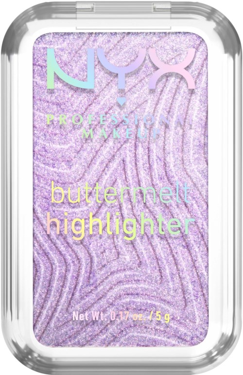 Een make-up highlighter met paarse en gele kleuren, genaamd NYX Butter Melt highlighting. Het zit in een doorzichtige container.