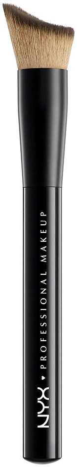 Een professionele make-upkwast met zwarte steel en beige haren, merk 'NYX PROFESSIONAL MAKEUP'.