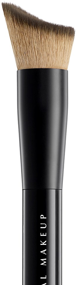 Een zwarte make-up penseel met schuine beige haren en de woorden "MAKEUP UP" op het handvat.