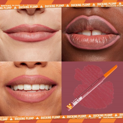 Vier verschiedene Lippen mit unterschiedlichen Lippenstiftfarben und einem Lipgloss-Applikator. Der Hintergrund hat eine Kalenderbarriere mit "Ducking Plump".