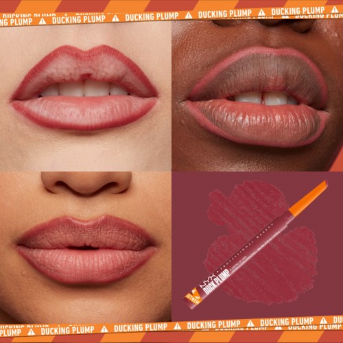 De afbeelding toont drie close-up beelden van lippen met lipgloss en lippenstift, en een make-upproduct met branding.