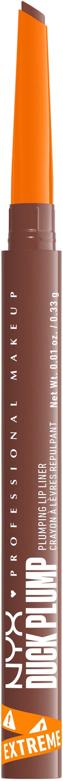 Eine braune und orangefarbene Tube mit NYX Profi-Make-up, beschriftet "Dewy Finish." Es ist ein Eyeliner- oder Lippenstift.