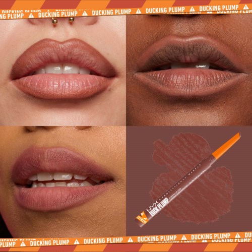 Eine Collage zeigt Lippen verschiedener Hauttöne, mit Spritze und 'Ducking Plump'-Bandrahmen.