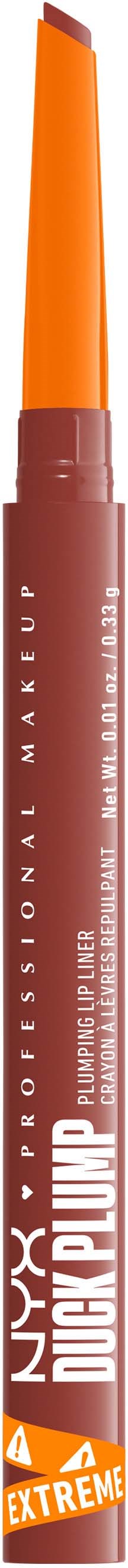 Ein Lippenstiftstift mit orange Spitze, braunen Körper und weißen Text. Es ist mit "NYX Professional Makeup" und "Extreme" beschriftet.
