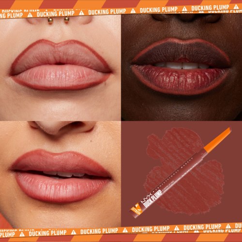 Das Bild zeigt Lippen auf zwei verschiedenen Hauttönen mit rotem Lippenstift und ein Lipgloss-Produkt mit herzfömigem Hintergrund.