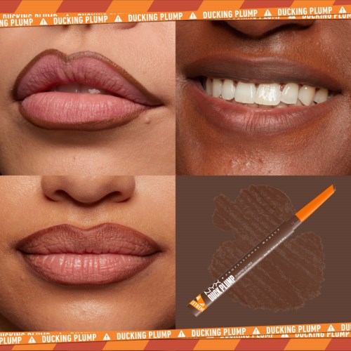 Das Bild zeigt zwei lachende Gesichter, Nahaufnahmen von Lippen, und einen Lippenstift-Test mit Band, auf dem 'Ducking Plump' steht.