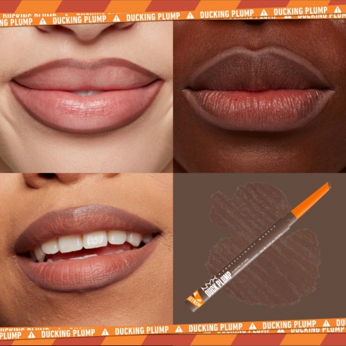 Das Bild zeigt einen Lippenvergleich, eine Lippenverschönerung und ein Lippenprodukt mit Markenangabe. Die Lippen sind vor und nach Make-up. Der Markenname ist "Ducking Plump."