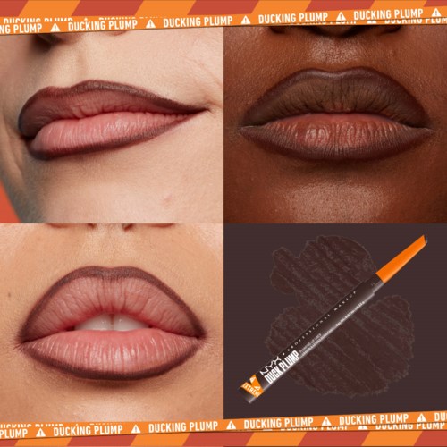 Das Bild zeigt verschiedene Lippen mit Lippenstift, einen Bleistift und ein Ducking Plump-Logo.