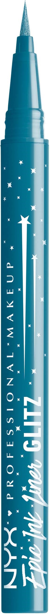 A blue cosmetic pen with white stars and text related to professional makeup. It has a pointed tip for precise application.