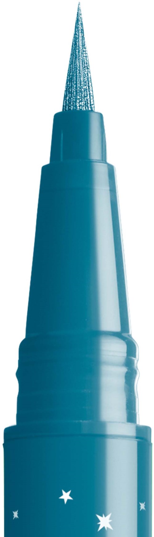 A blue pen with a pointed tip and some stars on its body.