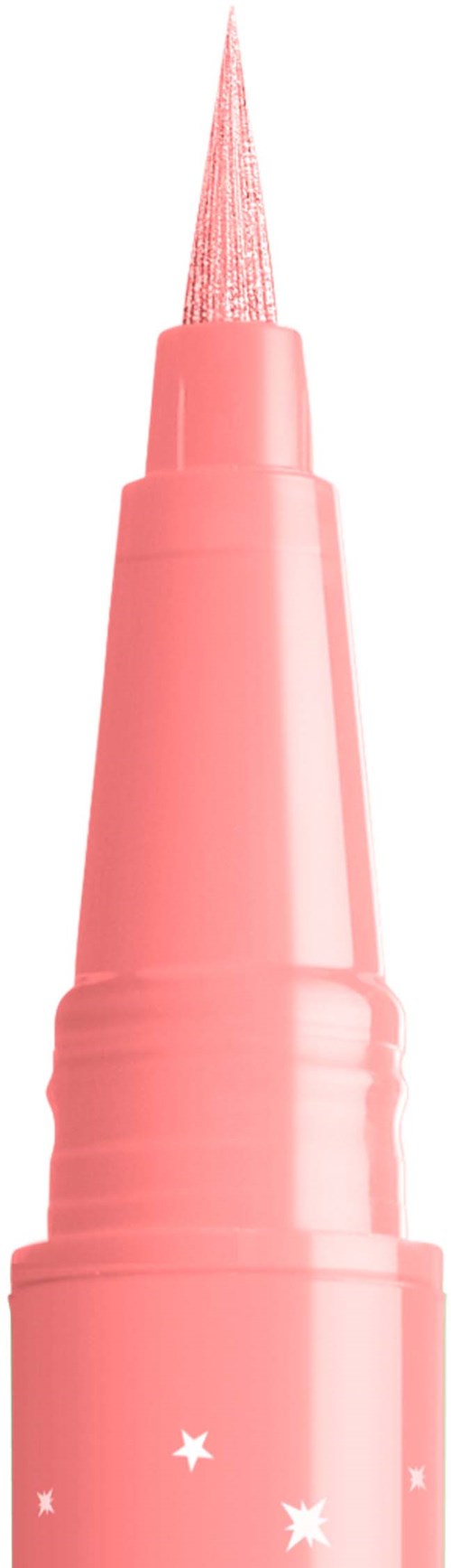 A pink pen-like makeup applicator with a pointed tip and star decorations on the body.