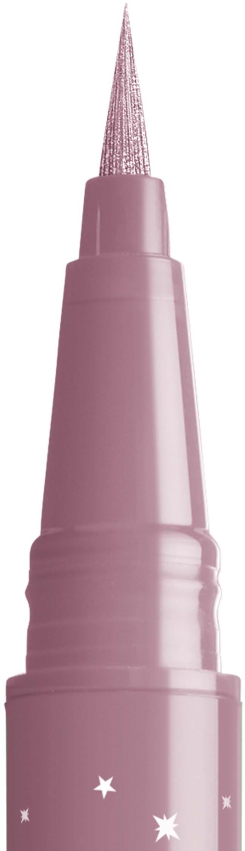 Pink pen with a clear, pointed tip, and a body decorated with stars.
