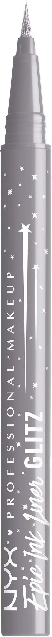 A silver makeup pencil with stars and text, used for makeup or artistic purposes.