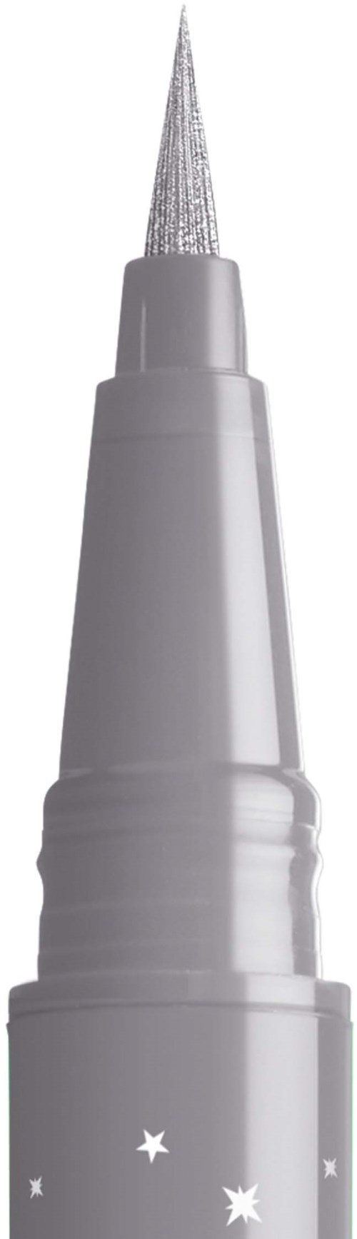 A silver nail polish pen with a pointed brush tip and star decorations near the bottom.