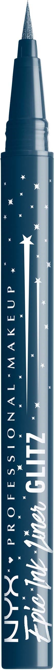 A blue eyeliner pencil with stars and white text, designed for professional makeup use.