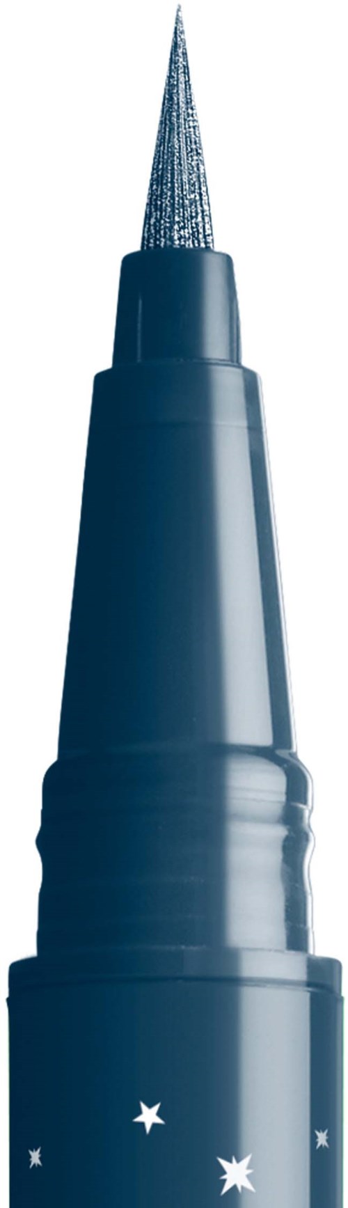 A blue gel pen with a clear, pointed tip and stars on the body.