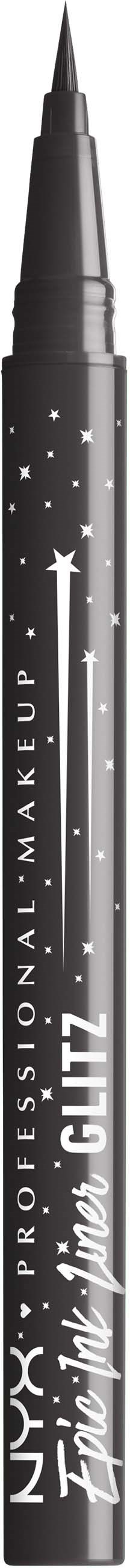 Een zwarte eye-liner pen met witte sterren en pijlen, gelabeld NYX Professional Makeup, in een verticale positie.