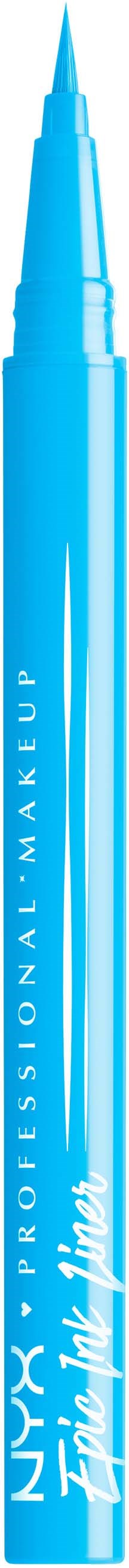 A blue liquid eyeliner pen with white text, labeled NYX Professional Makeup, Thin Feel.