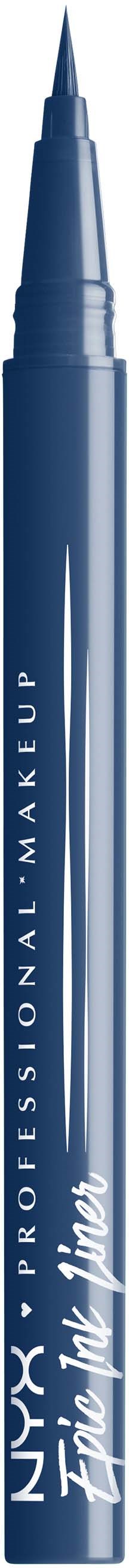 A blue NYX eyeliner pen with a sharp tip and brand name on the side.