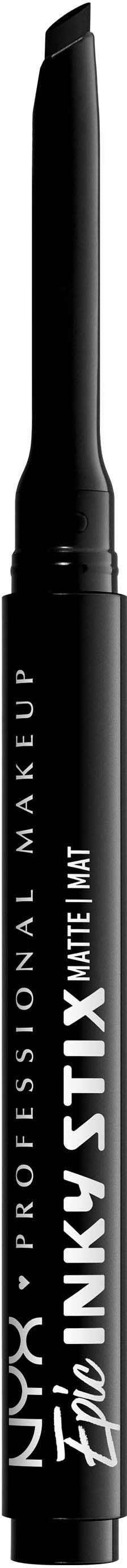 Schwarzer flüssiger Eyeliner mit spitzer Pinselspitze. Produktname hebt professionelle Schminke hervor. Einfarbiger Hintergrund.