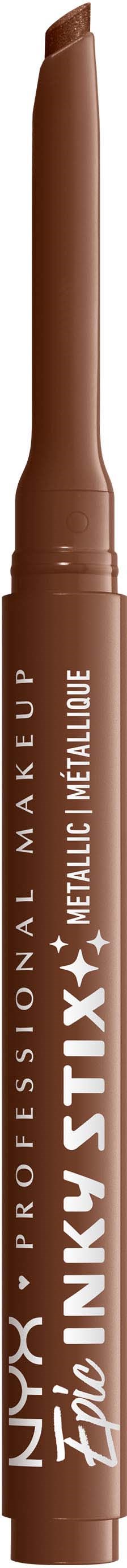 A brown eyebrow pencil with white text that reads Nyx Professional Makeup, Ink Stick, Metalic Metallique.