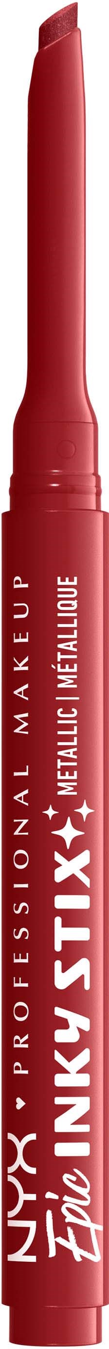 Roter Lippenstift mit weißen Texten 'NYX' und 'Inky Stix' auf schwarzem Hintergrund.