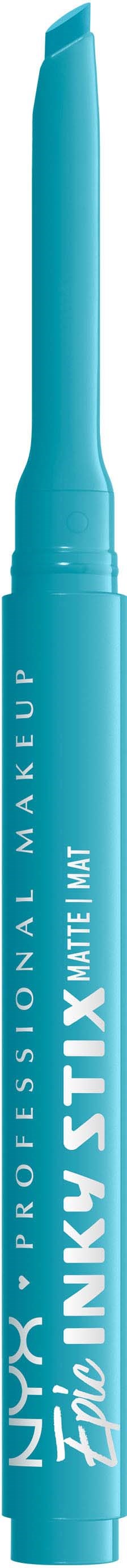 A blue liquid eyeliner pen with a long, slim shape and a pointed brush tip.