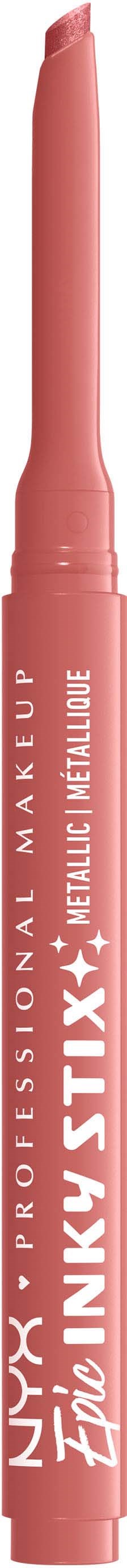 A pink eyeliner pen with white text, labeled NYX Professional Makeup, Inkly Stix Metal. Pen tip is curved.