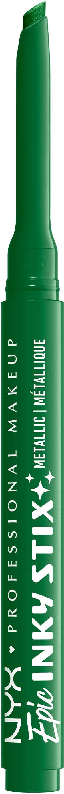 Green eyeliner pencil with silver text, labeled 'NYX Professional Make Up Epic Ink Liner Metallic Metalique.'