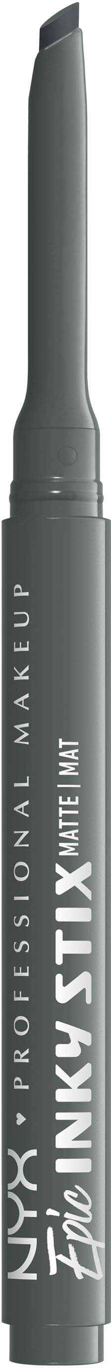Een grijze penvormige make-upproduct met dop, gelabeld 'NYX PROFESSIONAL MAKEUP' en 'EYESHADOW PENCIL.'