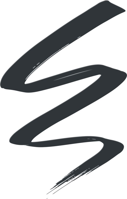 Een zwarte, golvende penseelstreek op een witte achtergrond, die een abstracte, vloeiende vorm creëert.