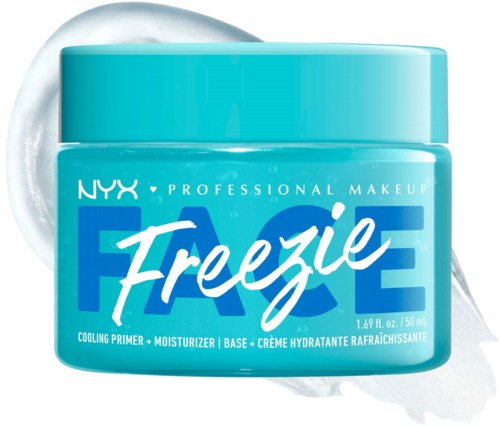 En teal krukke med NYX Freeze kjølende primer og fuktighetskrem med blå og hvit tekst.