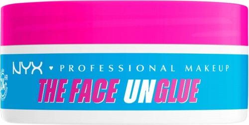 Pyöreä rasia pinkillä kannella ja sinisellä etiketillä, jossa lukee NYX PROFESSIONAL MAKEUP THE FACE UNGLUE.