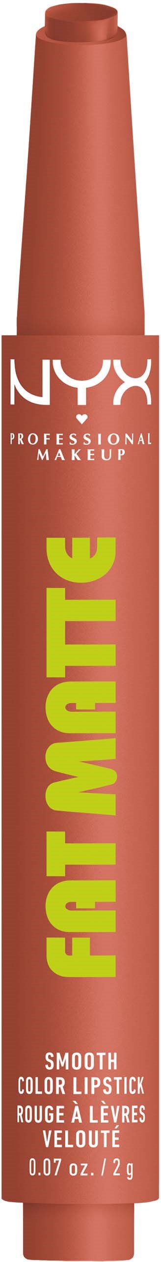 A NYX Fat Matte lipstick in a pink shade with yellow text, labeled as smooth color and long-lasting.
