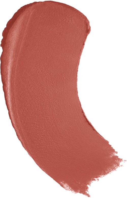 Eén veeg van bruin lipstick in halve maansvorm.