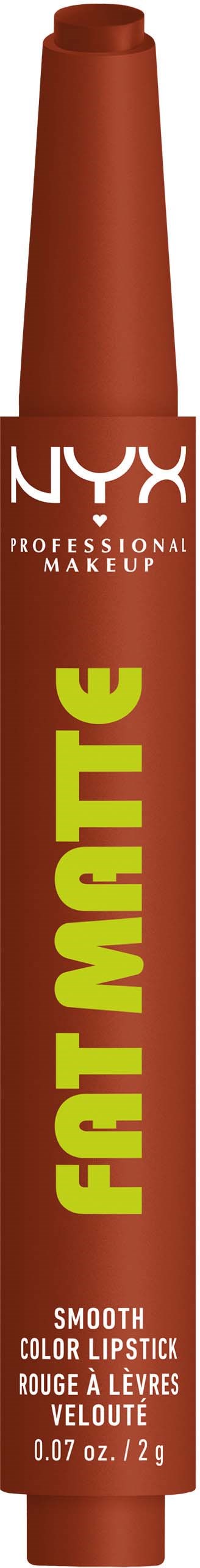 A NYX lip eyeliner tube with bright green text on a reddish-brown background.