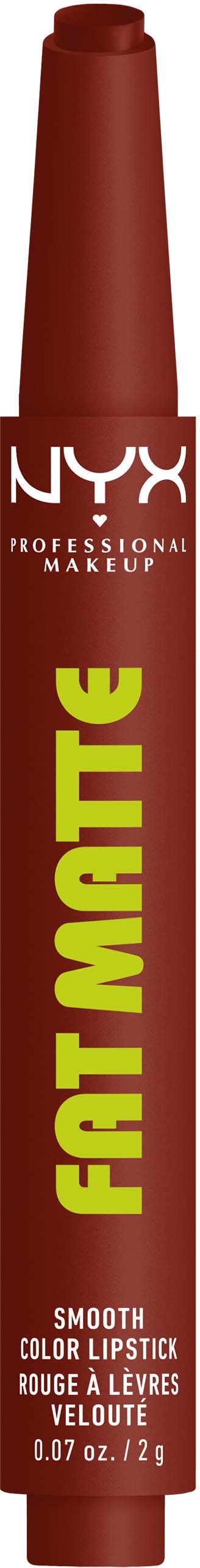 A NYX lip crayon with a matte finish, red color, and bold yellow text on a black background.