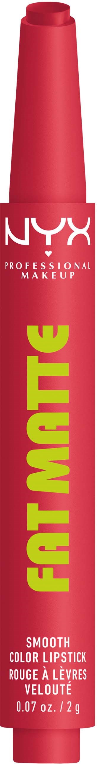A pink NYX fat matte lipstick tube with yellow text and white branding on a black background.