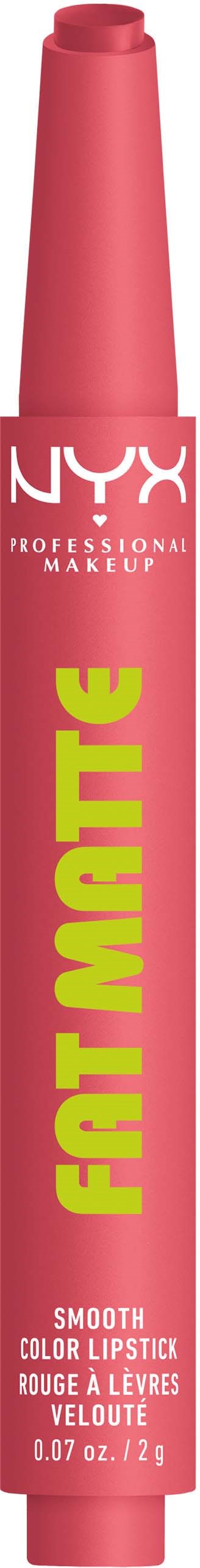 A pink lipstick tube with yellow and white text, labeled NYX and Fat Matte, stands vertically.