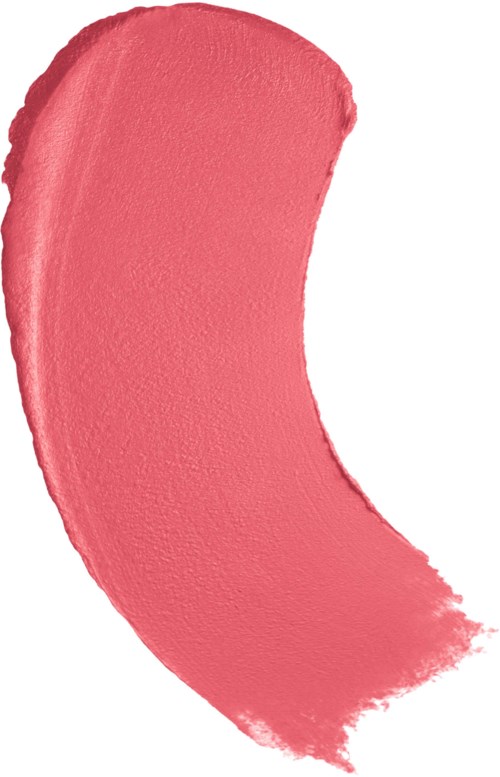 A pink, curved lipstick smear on a white background.
