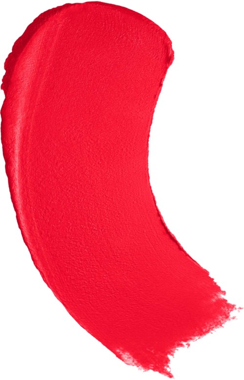 A red paint stroke in a crescent shape on a white background.
