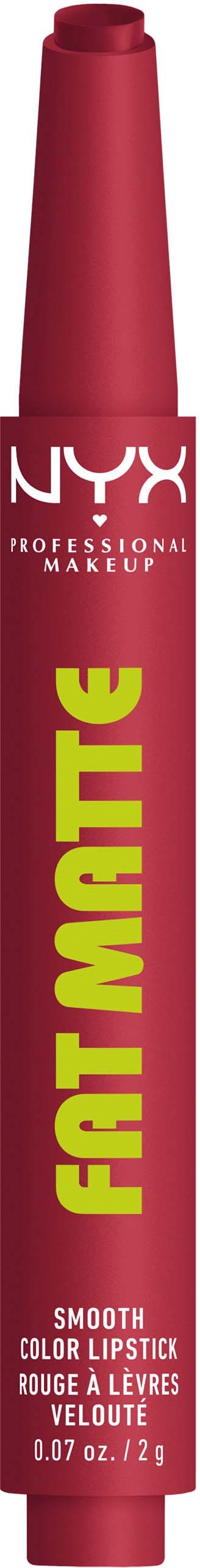 A NYX Full Matte lipstick in a pink tube with yellow text on a black background.