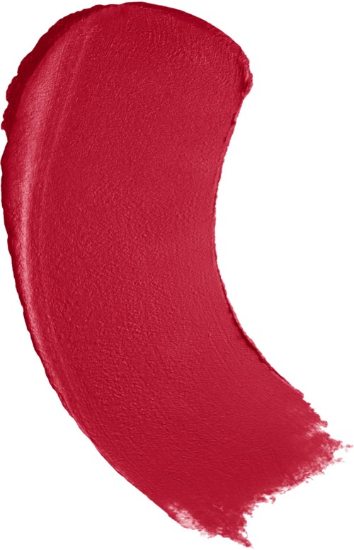 A large, red, curved paint stroke on a white background.