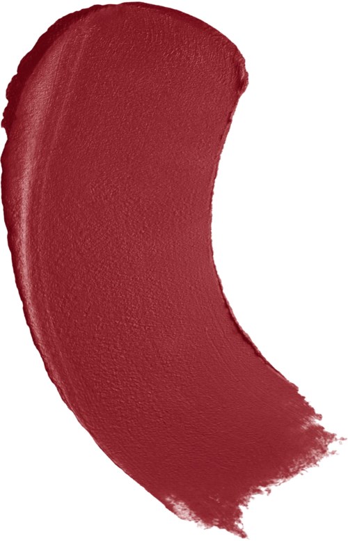 A red lipstick mark with a curved shape and textured appearance.