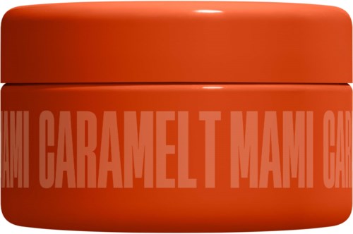Red container with the words caramel and Mami written repeatedly around it.