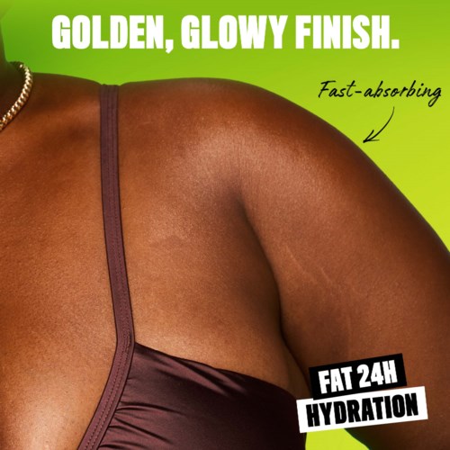 A close-up of a shoulder and arm showing smooth, glowing skin with text highlighting fast absorption and 24-hour hydration.