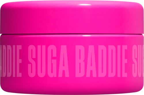 A bright pink container with the words SUGA BADDIE written repeatedly around it in large letters.