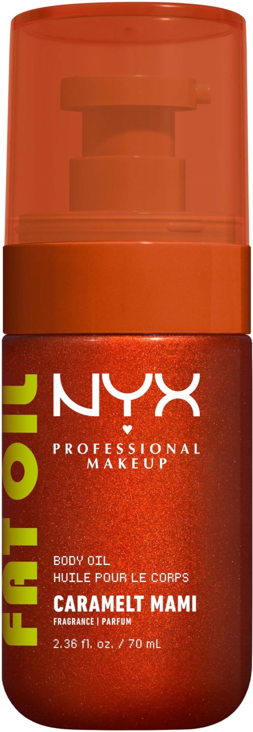 Een rode fles NYX Body Oil genaamd Caramel Mami, met een pomp onder een oranje doorzichtige dop.