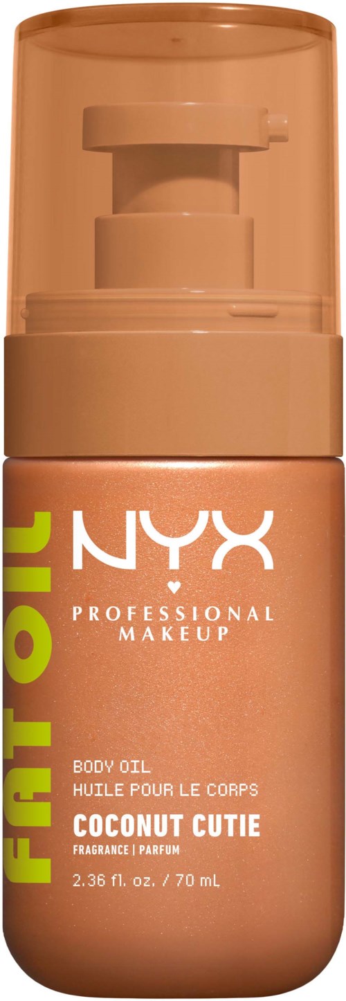 A bottle of NYX coconut scented body oil with a pump dispenser and orange-colored container.
